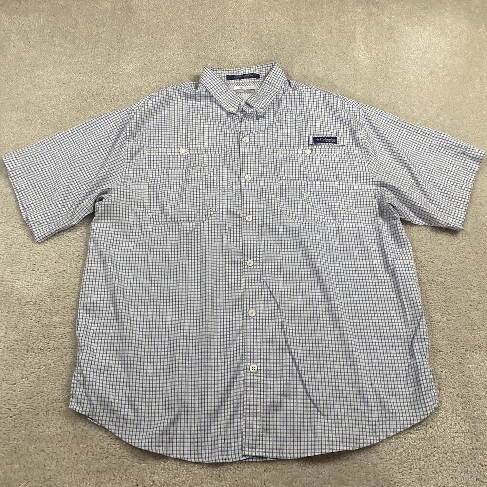 Columbia PFG Super Tamiami Shirt Mens L Blue Check Short‎ Sleeve Fishing Vented